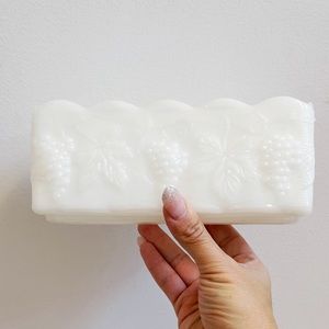Vintage White Milk Glass Grape Leaves Rectangular Dish Anchor Hocking Fire-King